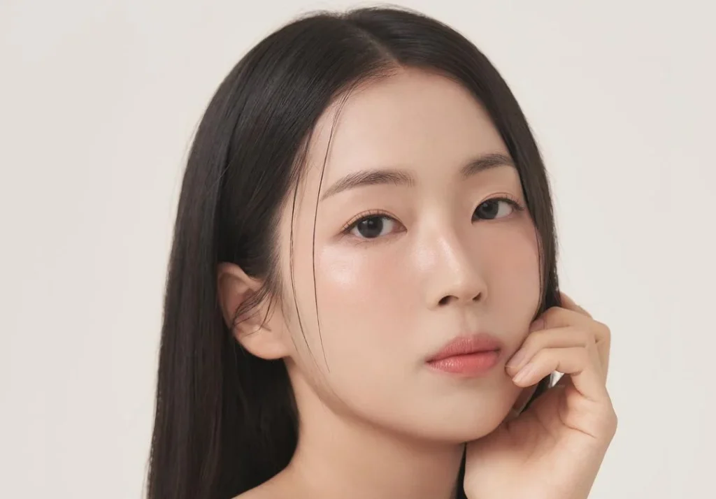 asian girl with smooth skin looking in the camera with her dark eyes and hair, clean skin, polished portrait photography