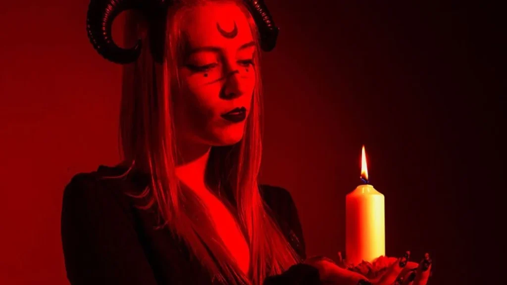woman in red light and candle is wearing witchy make-up and doing witchy photoshoot ideas