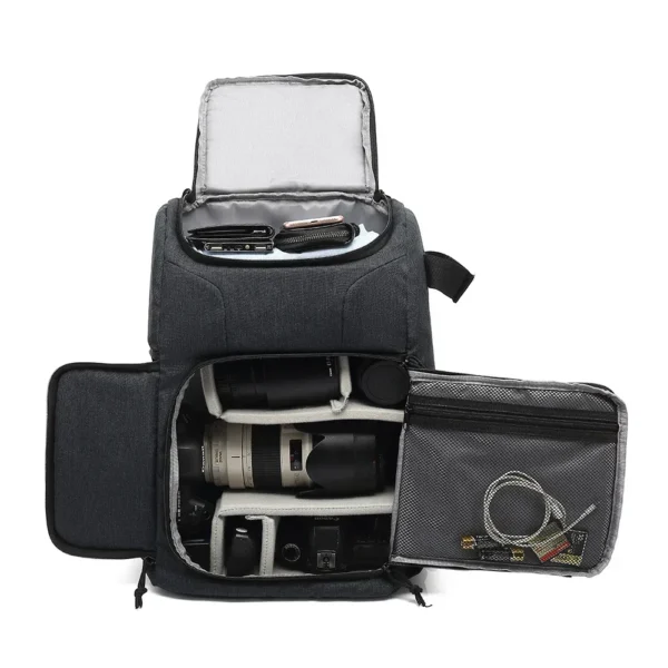 fully stuffed camera and laptop bag front